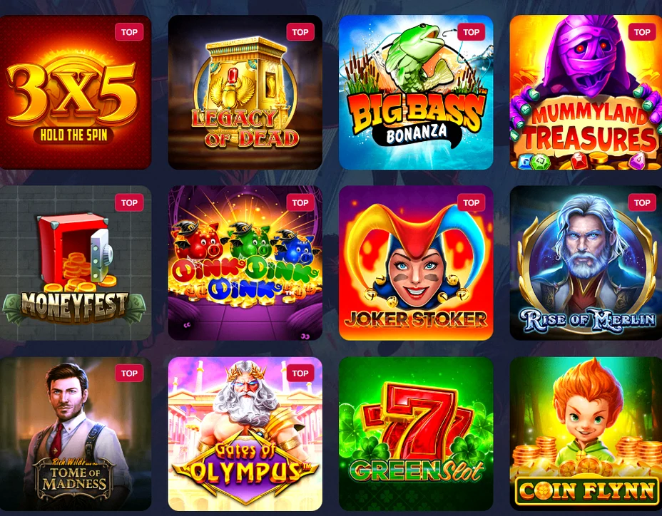 Screenshot des Slot-Katalogs im mobilen Browser von Spinlander Casino, Hochformat, Filter nach Providern, Spielkacheln