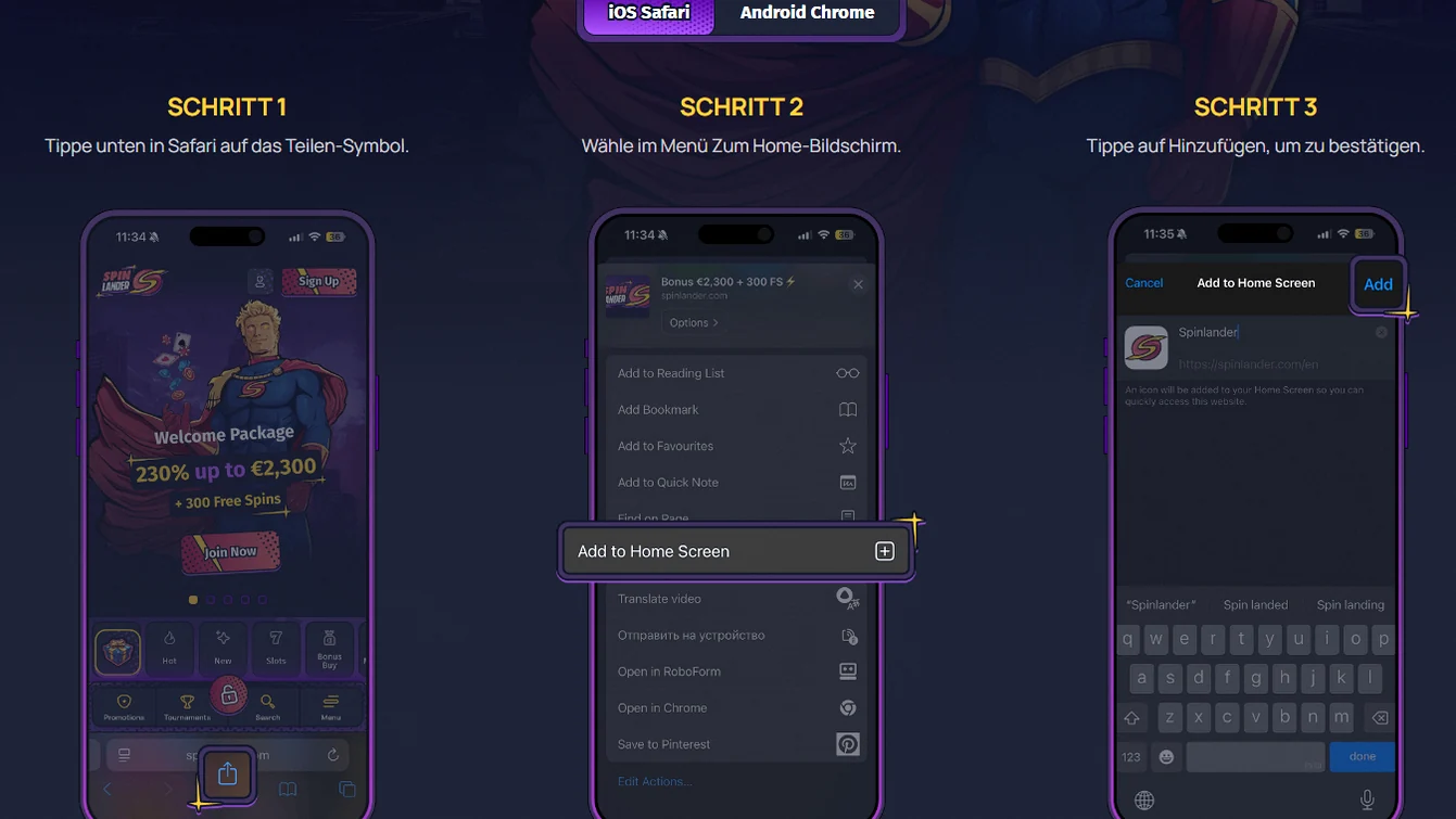 Screenshot des Hauptbildschirms der mobilen App von Spinlander Casino, Spielkatalog, untere Navigation, Kasse-Button